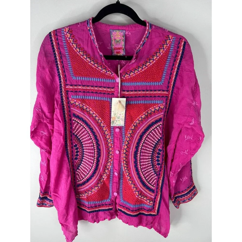 Johnny Was The Audrey Mandarin Collar Embroidered Shirt in Fuchsia Size M NWT - Picture 5 of 7